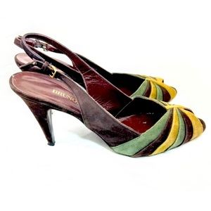Bruno Magli Slingback Heels Size 39.5
Multi-Color Suede & Leather Italy-